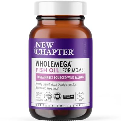 New Chapter Wholemega for Moms Fish Oil Supplement - Prenatal DHA with Omega-3 + Vitamin D3 for Prenatal &amp; Postnatal Support - 90 ct, 500mg Softgels