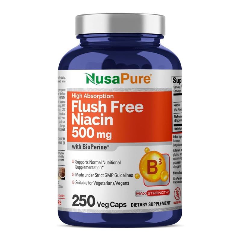 NusaPure Flush Free Niacin 500mg 250 caps (Vegan,Non-GMO &amp; Vegan) Bioperine