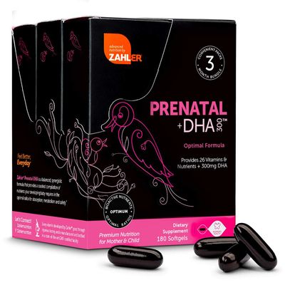 Zahler Prenatal Vitamin with DHA &amp; Folate - DHA Supplements &amp; Prenatal Multivitamin for Mother and Child - Kosher Prenatal DHA Prenatal Vitamins with Iron, Pre Natal Softgels (180 Count (Pack of 1))