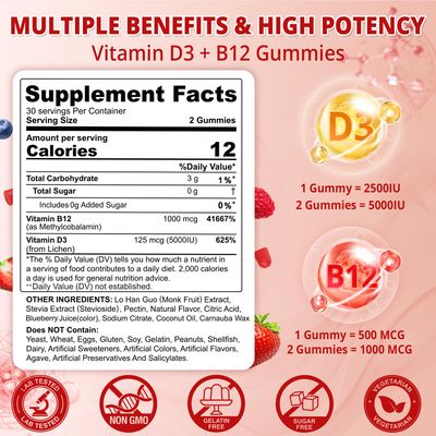 2Pack Vegan Vitamin D3 + Vitamin B12 Gummies, High Potency Vitamin D3 5000IU &amp; 1000 mcg Methylated B12, Vitamin D3 and B12 for Adults, Support Bone Health, Immune &amp; Energy Supplement, 120 Count