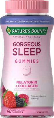Nature&#39;s Bounty Optimal Solutions Gorgeous Sleep Melatonin 5mg Gummies with Collagen, Assorted Fruit Flavors, 60 Count