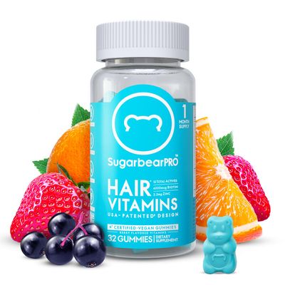 Sugarbear Hair Vitamin Gummy 1 Month Supply Extra Strength Biotin 6000mcg, Growth for Men &amp; Women, Vegan Vitamin B12, MSM, Inositol, Omega 3, Elderberry, Certified Kosher, Halal, Cruelty-Free