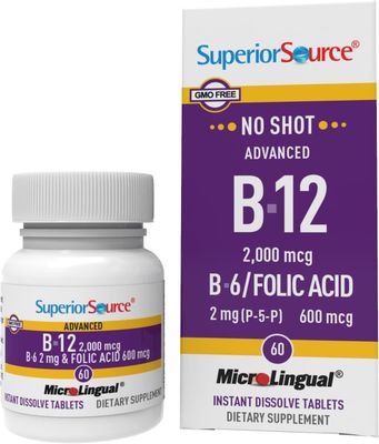 Superior Source No Shot Advanced B12 (2000mcg), Quick Dissolve MicroLingual Tablets, 60 Ct, Methylcobalamin &amp; Adenosylcobalamin, B6, Folic Acid, Cognitive Health, Nervous System, Heart Health, Non-GMO