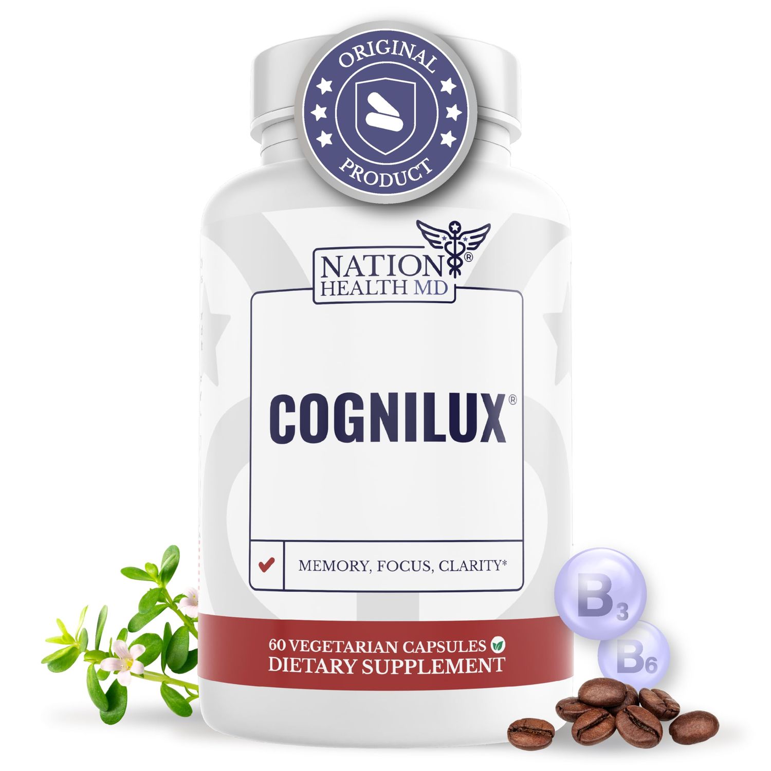 NATION HEALTH MD Cognilux - Brain Supplements for Memory and Focus - Nootropic Focus Supplement with Niacin, Vitamin B6, GABA and More - Memory Supplement for Brain, Brain Health, 60 Capsules