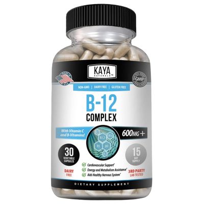 Kaya Naturals B-12 Complex | Multivitamin Supplement for Women &amp; Men Energy and Metabolism Booster | B-Complex Vitamin with Biotin, Choline, Inositol, Folate, and Vitamin C - 30 Capsules