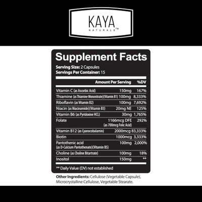 Kaya Naturals B-12 Complex | Multivitamin Supplement for Women & Men Energy and Metabolism Booster | B-Complex Vitamin with Biotin, Choline, Inositol, Folate, and Vitamin C - 30 Capsules
