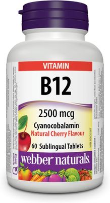 Webber Naturals Vitamin B12 2500 mcg  Cyanocobalamin, Natural Cherry, 60 Tablets