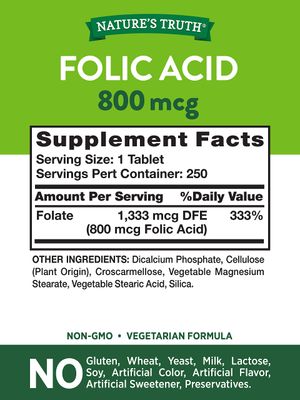 Folic Acid | 800 mcg | 250 Tablets | Vegetarian, Non-GMO &amp; Gluten Free Supplement | by Nature's Truth