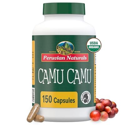 Peruvian Naturals Organic Vitamin C from Camu Camu Capsules 1,000mg per Serving - 150 Vegan Pills, Natural Whole Food VIT C, from Raw Berry Camu Camu Powder Organic, Non-GMO Supplement