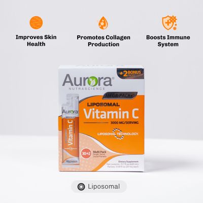 Aurora Nutrascience Mega-Pack Liposomal Vitamin C, Immune Support, 3,000 mg Serving, Gluten Free, Non-GMO, 32 Single Serve Packets, 21.7 oz (640 mL)