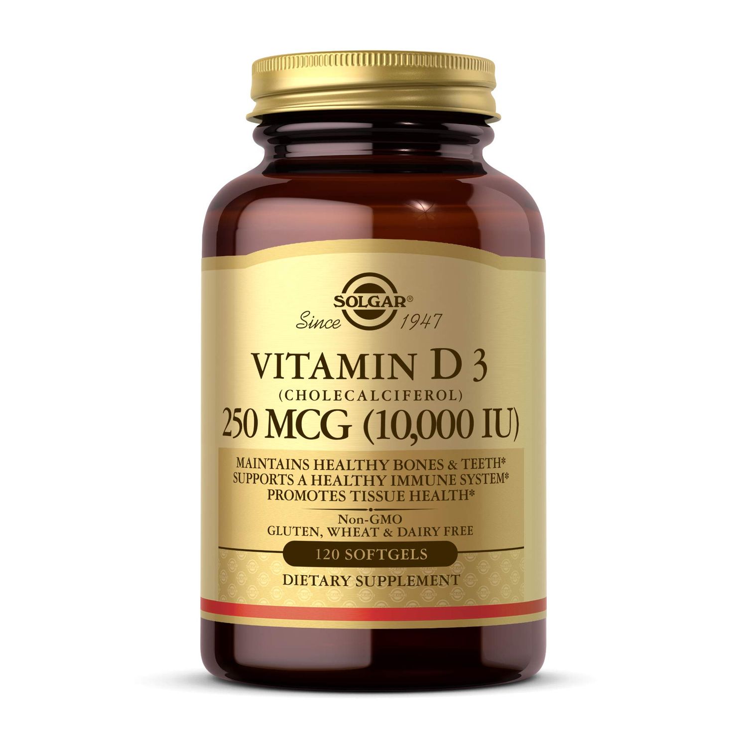 Solgar Vitamin D3 (Cholecalciferol) 250 MCG (10,000 IU), 120 Softgels - Helps Maintain Healthy Bones &amp; Teeth - Immune System Support - Non GMO, Gluten Free, Dairy Free - 120 Servings
