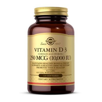 Solgar Vitamin D3 (Cholecalciferol) 250 MCG (10,000 IU), 120 Softgels - Helps Maintain Healthy Bones &amp; Teeth - Immune System Support - Non GMO, Gluten Free, Dairy Free - 120 Servings