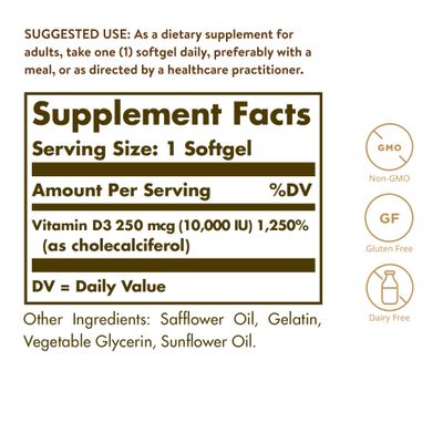 Solgar Vitamin D3 (Cholecalciferol) 250 MCG (10,000 IU), 120 Softgels - Helps Maintain Healthy Bones &amp; Teeth - Immune System Support - Non GMO, Gluten Free, Dairy Free - 120 Servings