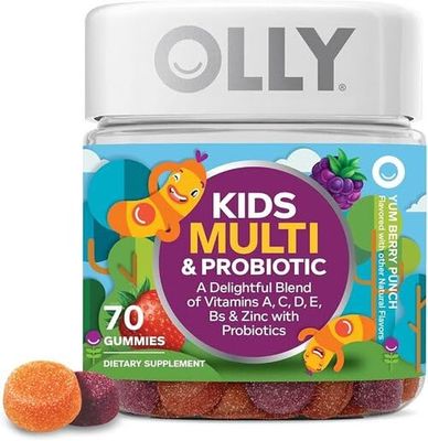 Fits OLLY Kids Multivitamin &amp; Probiotic Gummy, Digestive Support, Vitamins A, D, C, E, B, Zinc, Chewable Supplement, Berry Flavor, 70 Count (Pack of 1)