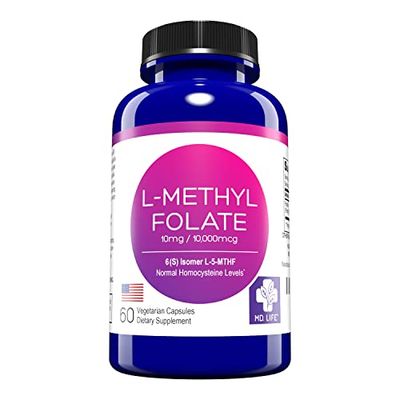 MD Life L-Methylfolate 10 mg - Professional-Grade Active Methylfolate Supplement - Maximum Potency MTHFR Supplements - L methylfolate 10mg 60 Capsules - Essential Amino Acids