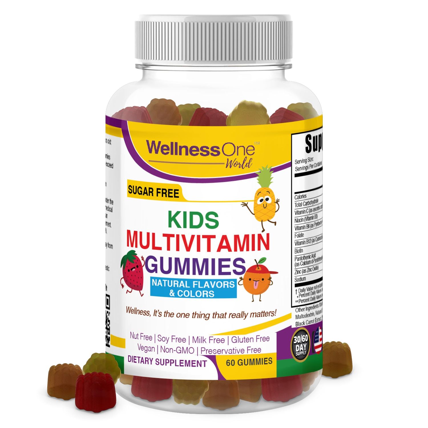 WellnessOne Kids Multivitamin Gummies - Sugar-Free Immune Support Supplement Packed with Vitamin C, B6, B12, Folic Acid &amp; More - Natural Strawberry, Pineapple &amp; Orange Flavors - 60 Gummy Vitamins