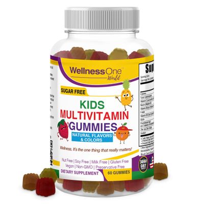 WellnessOne Kids Multivitamin Gummies - Sugar-Free Immune Support Supplement Packed with Vitamin C, B6, B12, Folic Acid &amp; More - Natural Strawberry, Pineapple &amp; Orange Flavors - 60 Gummy Vitamins