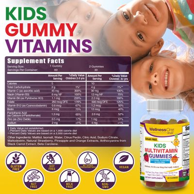 WellnessOne Kids Multivitamin Gummies - Sugar-Free Immune Support Supplement Packed with Vitamin C, B6, B12, Folic Acid &amp; More - Natural Strawberry, Pineapple &amp; Orange Flavors - 60 Gummy Vitamins