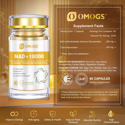 OMOGS NAD+ 300 mg + Trans-Resveratrol 200 mg, Pure NAD Supplement, Max Absorption, Boosting Supplement for DNA Repair, Healthy Aging, Cellular Energy &amp; Longevity, 60 Capsules