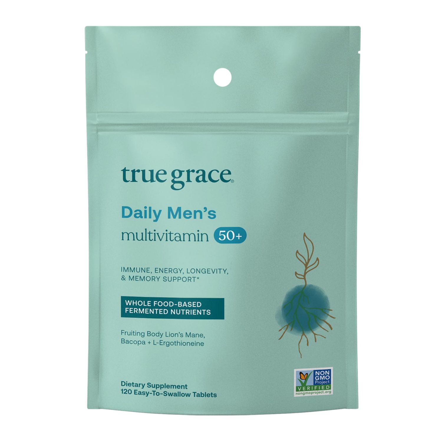 True Grace Daily Mens Multivitamin 50+ - 120 Easy-to-Swallow Tablets - Immune, Energy, Longevity &amp; Memory Support - Gluten Free, Soy Free, Vegan - 60 Servings