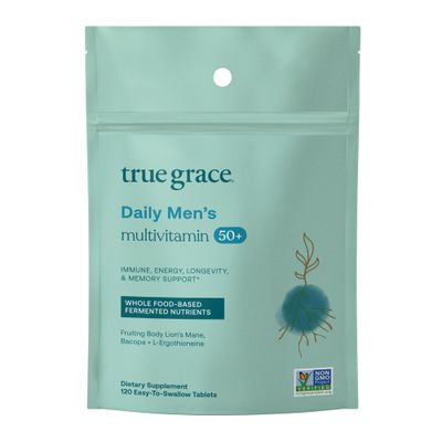 True Grace Daily Mens Multivitamin 50+ - 120 Easy-to-Swallow Tablets - Immune, Energy, Longevity &amp; Memory Support - Gluten Free, Soy Free, Vegan - 60 Servings