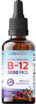 Vitamatic Fast Acting Liquid Vitamin B12 5000 mcg (Methylcobalamin) - Natural Berry Flavor - Sublingual Supplement - Faster Absorption - 2 OZ