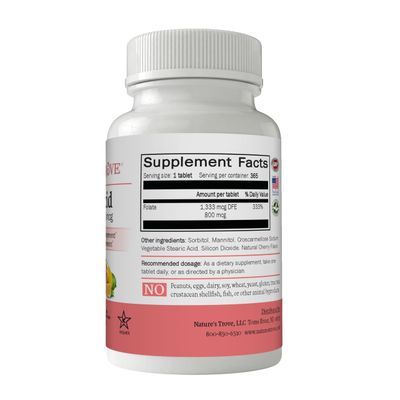 Nature's Trove Folic Acid 800 mcg (B9 Vitamin) 365 EZ Chew Tablets Cherry Flavor