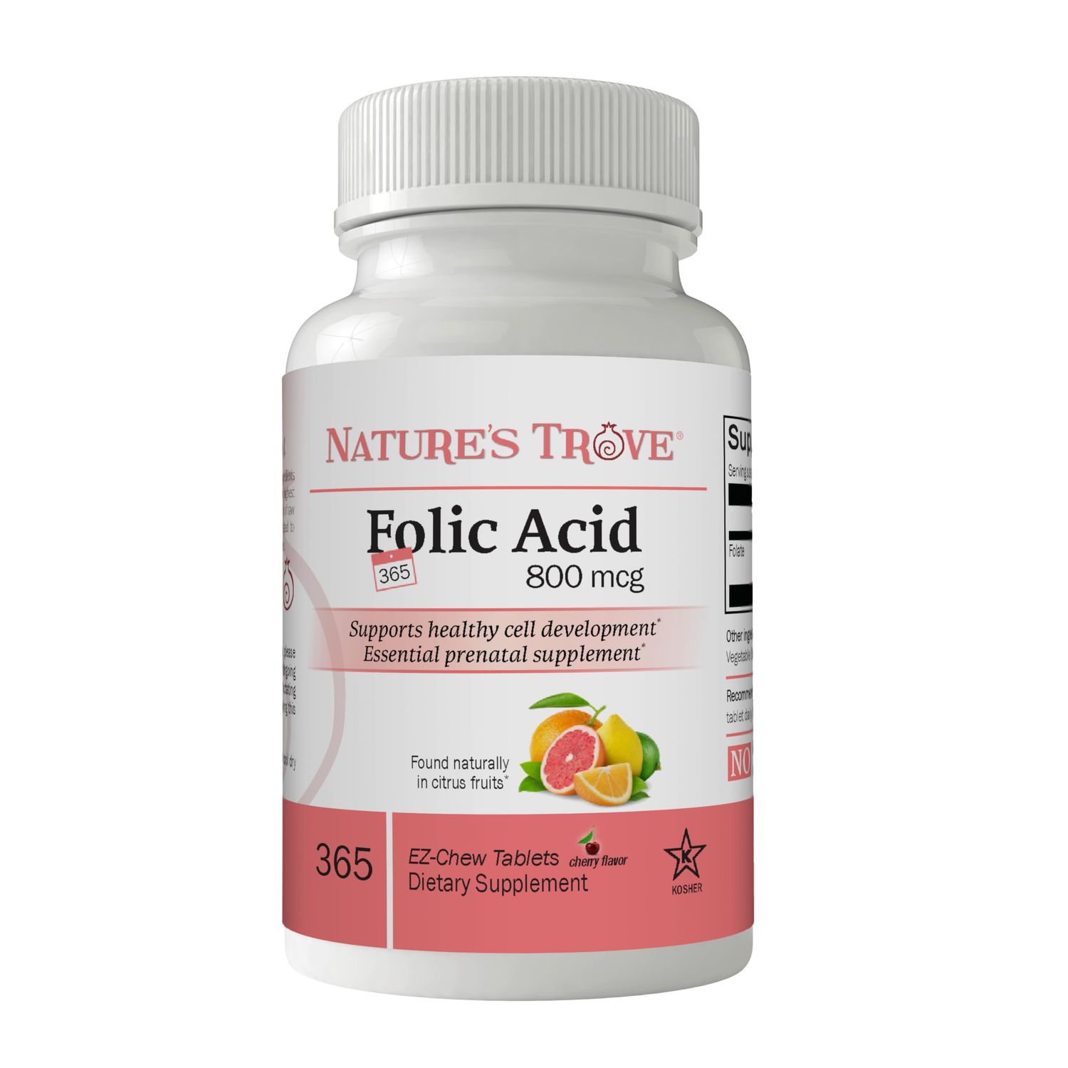 Nature&#39;s Trove Folic Acid 800 mcg (B9 Vitamin) 365 EZ Chew Tablets Cherry Flavor