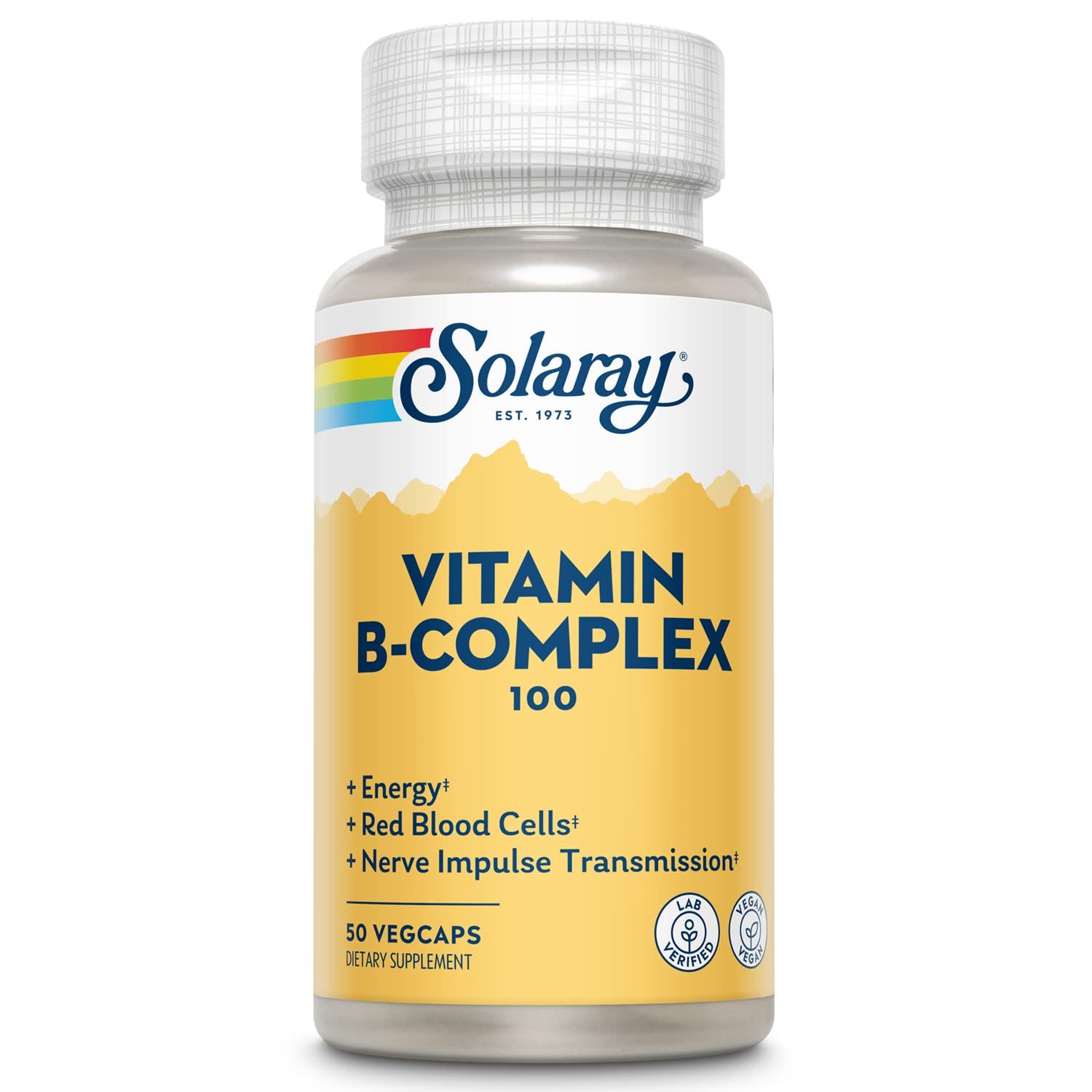 SOLARAY Vitamin B Complex 100 mg, Healthy Energy Supplement, Red Blood Cell Formation, Nerve &amp; Immune Support, Super B Complex Vitamins with Folic Acid, Vitamin B6, B12, Biotin &amp; More, Vegan, 50ct