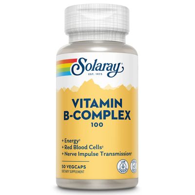 SOLARAY Vitamin B Complex 100 mg, Healthy Energy Supplement, Red Blood Cell Formation, Nerve &amp; Immune Support, Super B Complex Vitamins with Folic Acid, Vitamin B6, B12, Biotin &amp; More, Vegan, 50ct