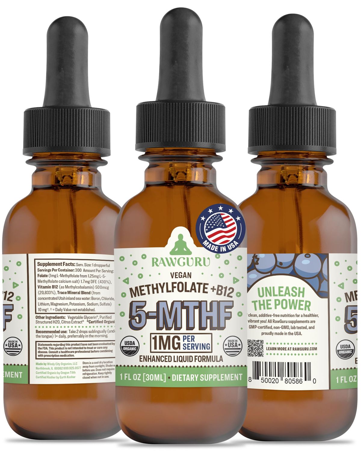 RawGuru Methylfolate 1mg+ Vitamin B12 - Organic Vegan Methylated B12 with Trace Minerals - Nano-Processed 5-MTHF Plus B12 Enhanced Liquid Formula - 300 Servings of Vegan Drops per 30 ml, Pack of 1