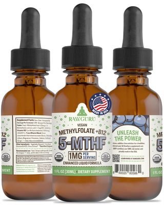 RawGuru Methylfolate 1mg+ Vitamin B12 - Organic Vegan Methylated B12 with Trace Minerals - Nano-Processed 5-MTHF Plus B12 Enhanced Liquid Formula - 300 Servings of Vegan Drops per 30 ml, Pack of 1