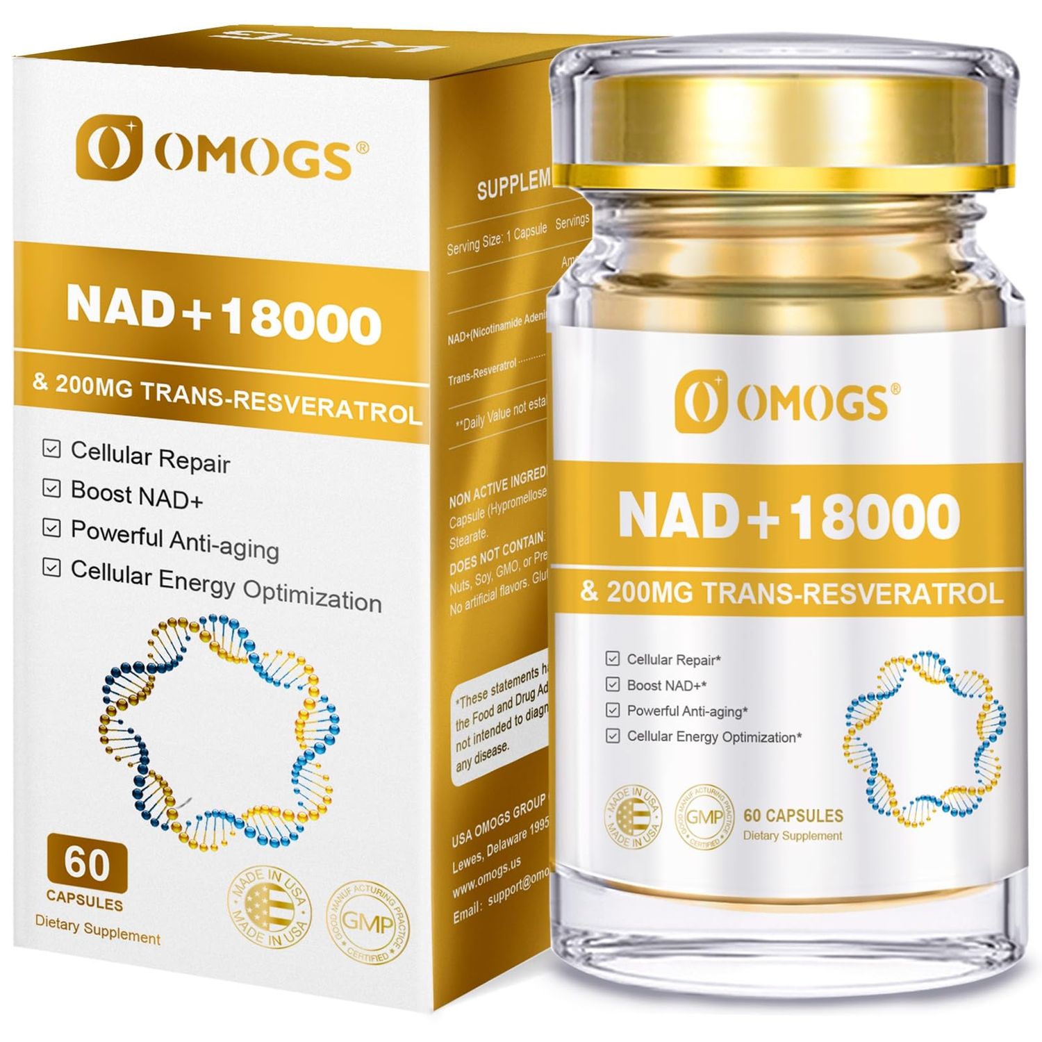 OMOGS NAD+ 300 mg + Trans-Resveratrol 200 mg, Pure NAD Supplement, Max Absorption, Boosting Supplement for DNA Repair, Healthy Aging, Cellular Energy &amp; Longevity, 60 Capsules