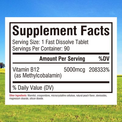 Innate Vitality Vitamin B12 5000mcg, Sublingual, Vegan Methylcobalamin, Fast Dissolve Tablets, Natural Peach Flavor, Supports Energy Production & Healthy Nervous System, 90 Tablets