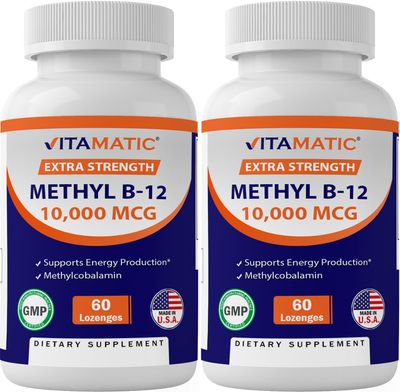 Vitamatic Methyl Vitamin B12 (Methylcobalamin) 10,000 mcg (10mg) 60 Lozenges - Superior Source of Vitamin B12 (2 Pack)