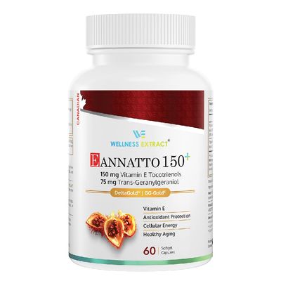 Wellness Extract Eannatto 150mg Vitamin E Tocotrienols Supplement with GG - Most Potent Antioxidant for CoQ10 Support, Heart Health, Healthy Aging - 60 softgels.