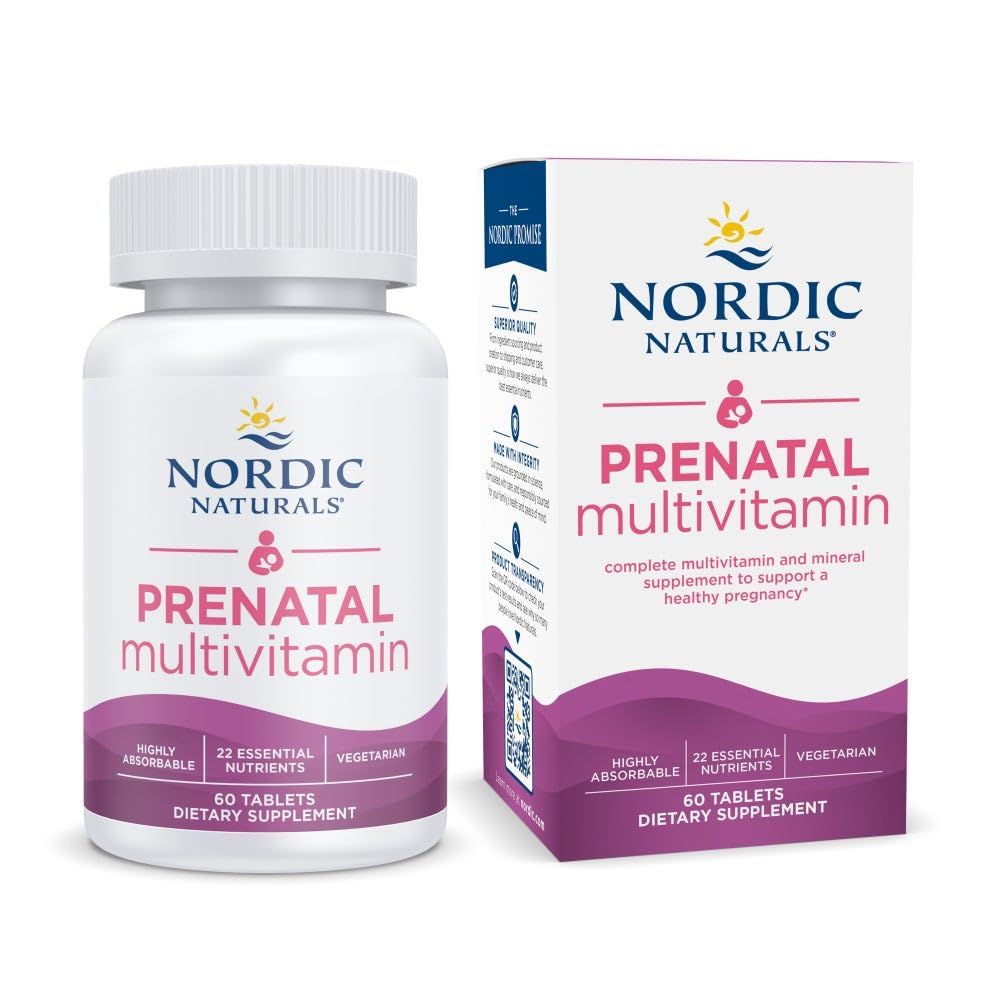 Nordic Naturals Prenatal Multivitamin for Women - Daily Vegetarian Prenatal Vitamins - 22 Essential Nutrients, Including B6, Folate, and Iron - 60 Tablets - 30 Servings