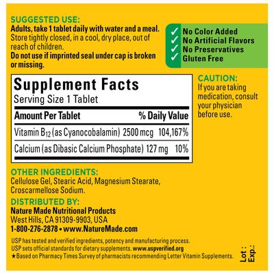 Nature Made Extra Strength Vitamin B12 2500 mcg Tablets, 60 Count