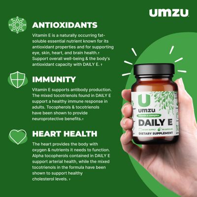 UMZU Daily E Vitamin E Capsules | 100% of Daily Vitamin E | Sustainably Sourced Full Spectrum Tocopherols &amp; Tocotrienols with Antioxidants for Immune Support (30 Days of Supply | 30 Capsules)