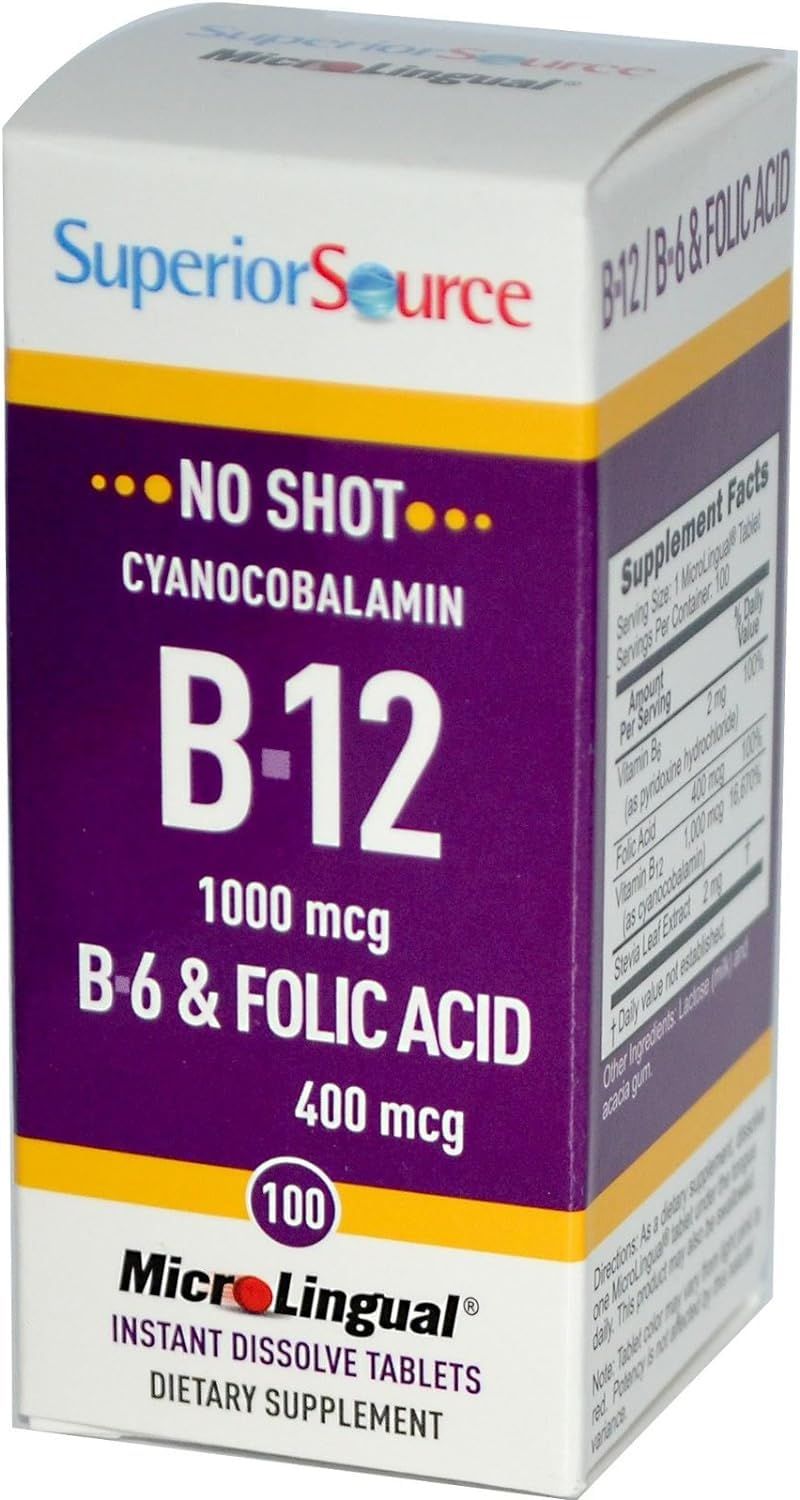 Superior Source No Shot Vitamin B12 Cyanocobalamin (1000 mcg), B6, Folic Acid, Quick Dissolve MicroLingual Tablets, 100 Ct, Increase Energy, Healthy Heart, Boost Metabolism, Stress Support, Non-GMO