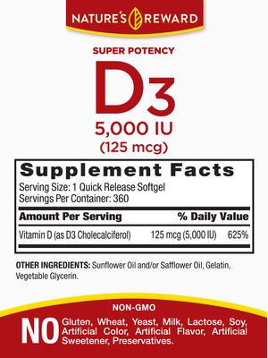 Vitamin D3-5000 IU - 360 Softgels - Non-GMO &amp; Gluten Free Supplement - by Nature's Reward