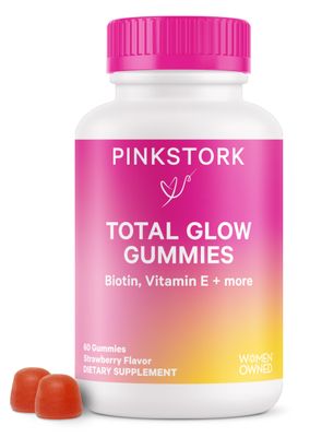 Pink Stork Total Glow Gummies - Hair, Skin, and Nails Vitamins - 11 Vitamins &amp; Nutrients - Biotin, Vitamin A, B6, B12, Folate - Beautiful Hair, Radiant Skin, and Strong Nails - 60 Berry Biotin Gummies