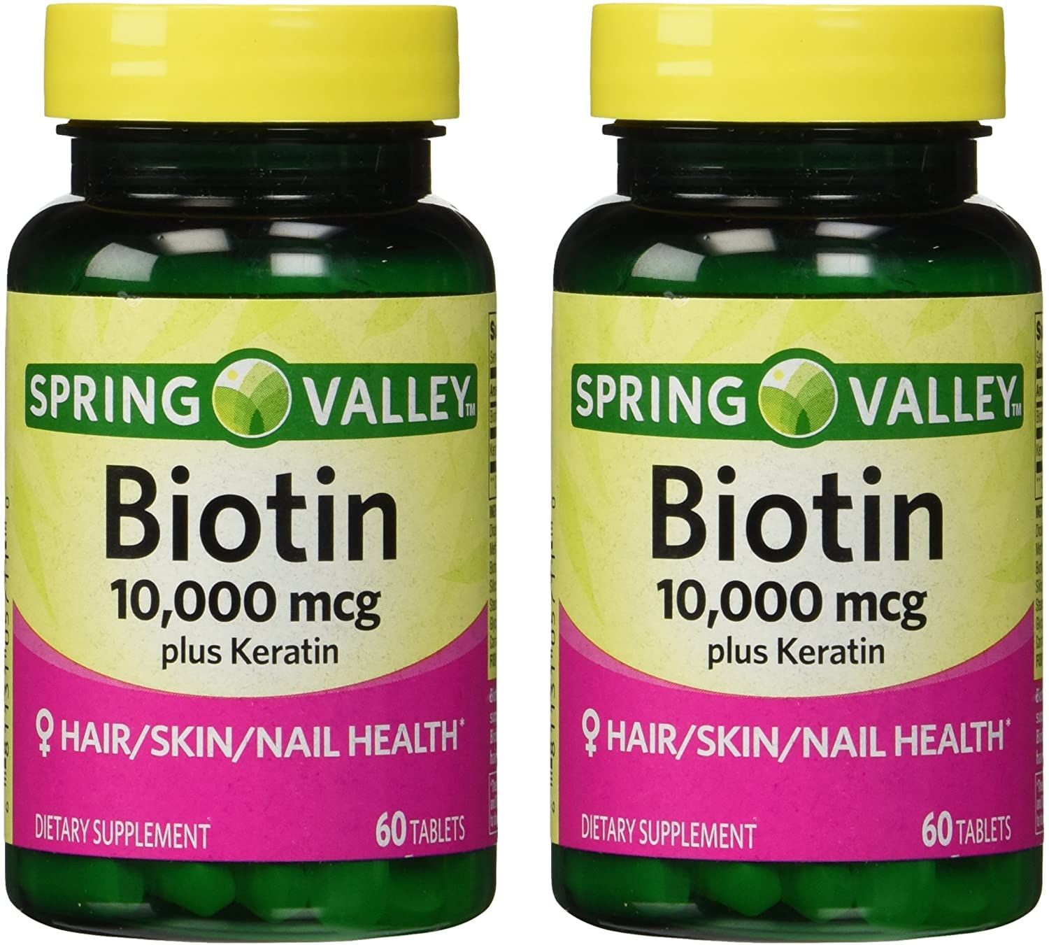 Spring Valley 10000mcg Biotin with 100mg Keratin Dietary Supplement, 60 Tablets (Pack of 2) + Your Vitamin Guide