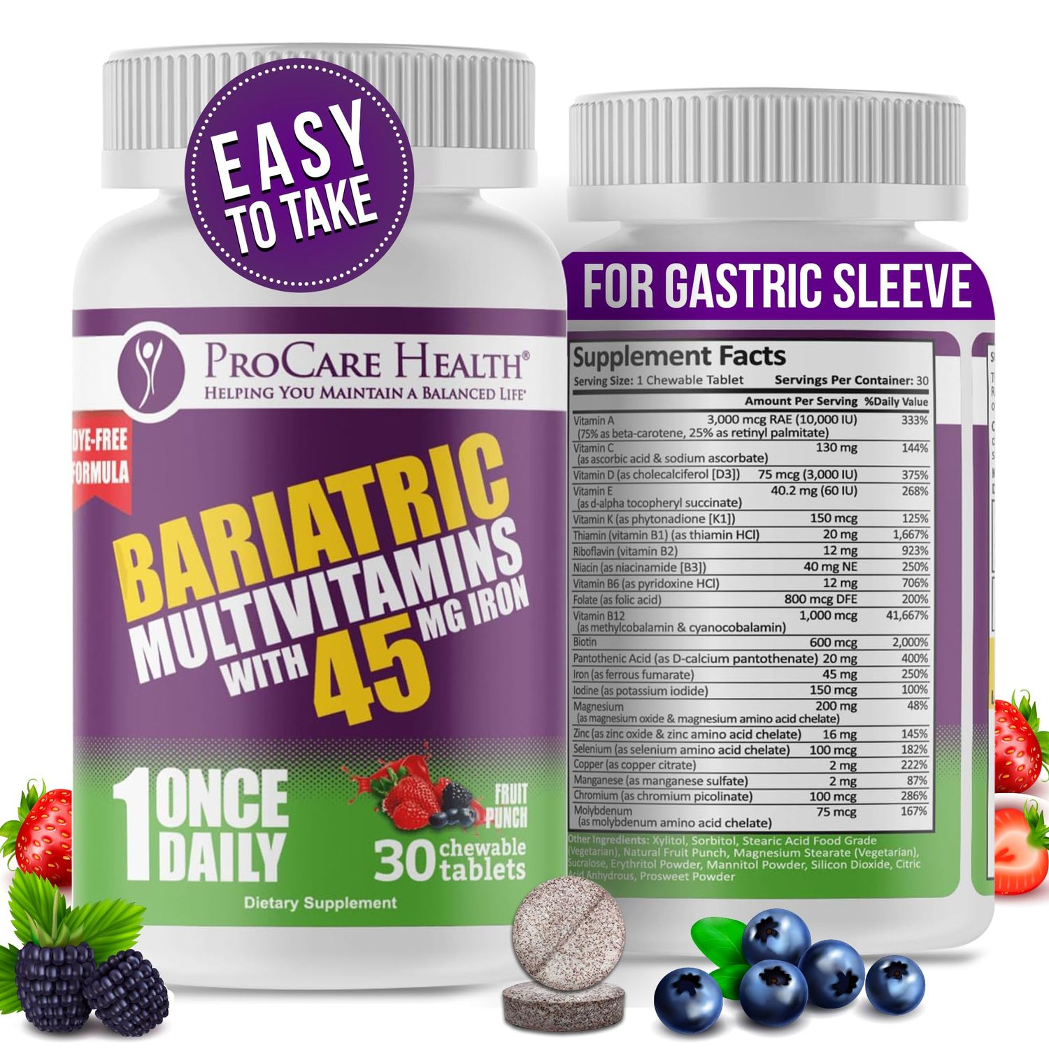 ProCare Health | Once Daily Bariatric Multivitamin | Chewable | Iron Free l Fruit Punch | 30 Count