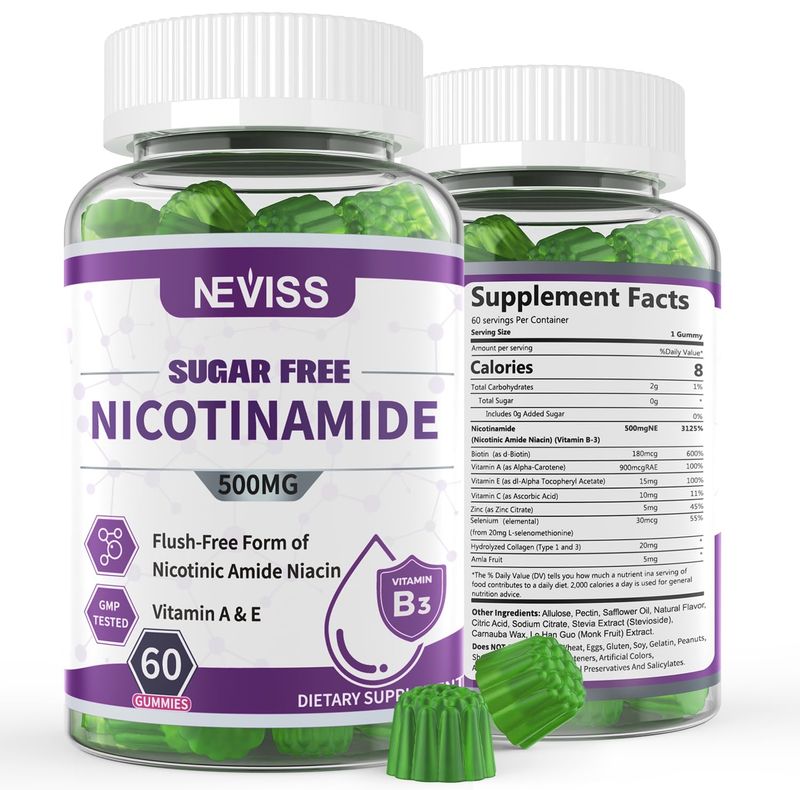 Sugar Free Nicotinamide 500mg Gummies, (Flush Free Niacin) Vitamin B3 Niacinamide Supplement for Cellular Energy Metabolism &amp; Repair, Vitality, Healthy Aging, Cranberry Flavor, Easy to Chew, 120 Cts