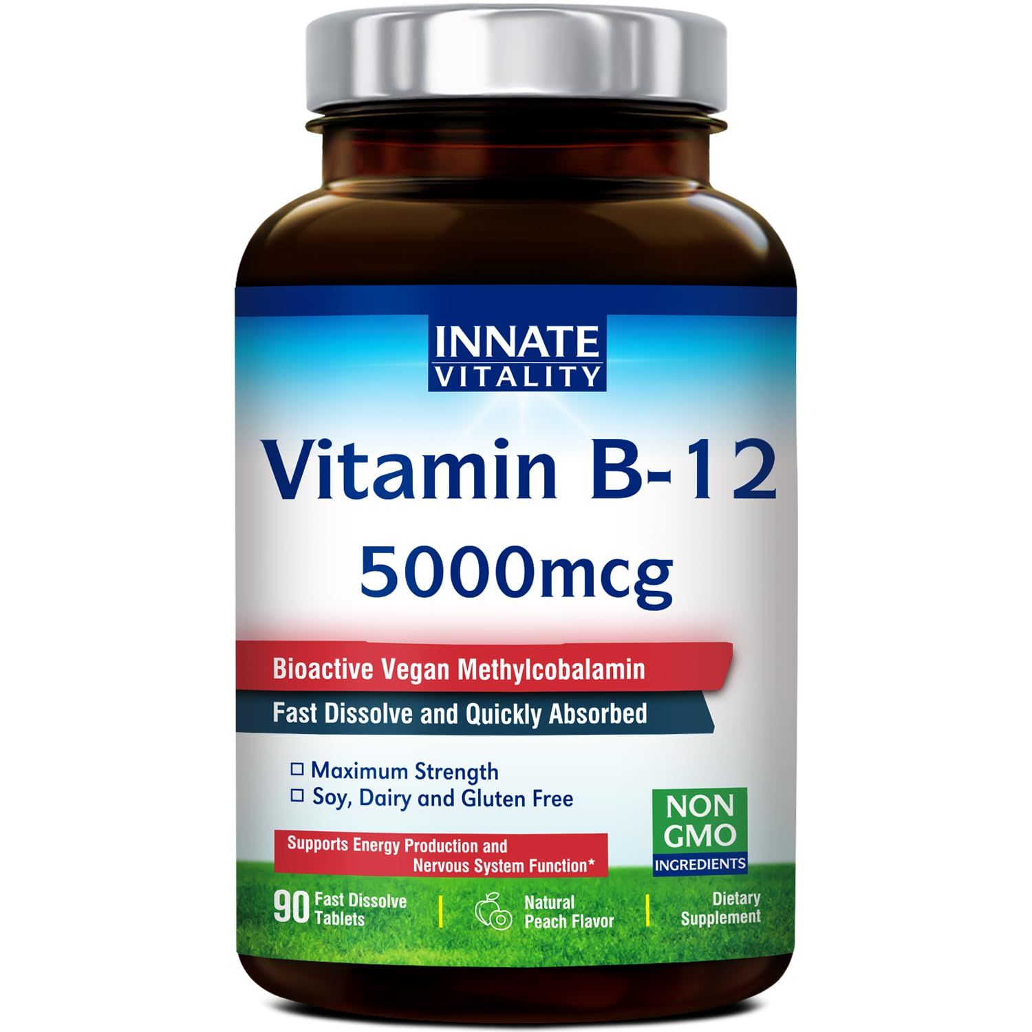 Innate Vitality Vitamin B12 5000mcg, Sublingual, Vegan Methylcobalamin, Fast Dissolve Tablets, Natural Peach Flavor, Supports Energy Production &amp; Healthy Nervous System, 90 Tablets