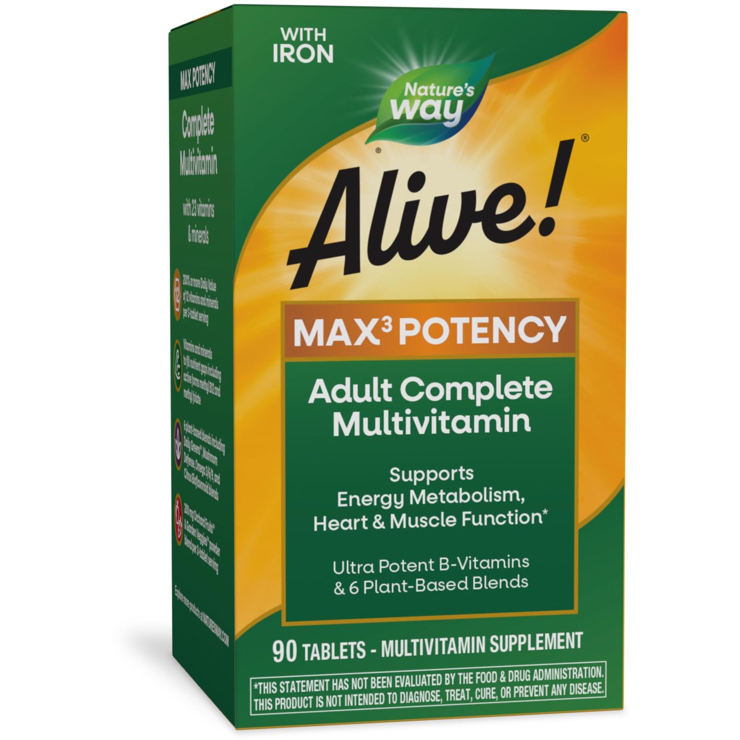 Nature&#39;s Way Alive! Max3 Potency Multivitamin, Ultra Potency B-vitamins to Support Energy Metabolism*, with Methylated B12 and Folate, 90 Tablets (Packaging May Vary)