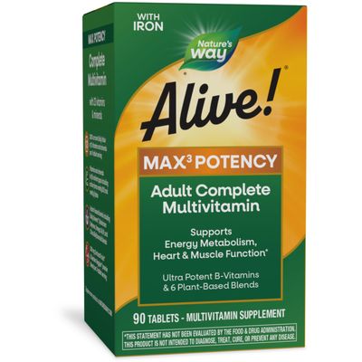 Nature&#39;s Way Alive! Max3 Potency Multivitamin, Ultra Potency B-vitamins to Support Energy Metabolism*, with Methylated B12 and Folate, 90 Tablets (Packaging May Vary)