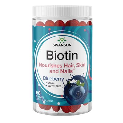 Swanson Biotin Gummies - Daily Supplement Promoting Energy Production &amp; A Healthy Body - All Natural Formula to Help Healthy Hair, Skin, and Nails - (Blueberry, 60 Gummies)