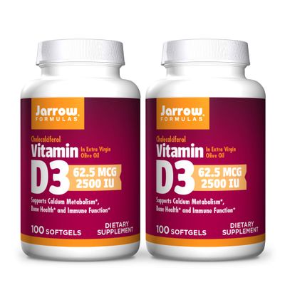 Jarrow Formulas Vitamin D3 2500 IU - 100 Softgels, Pack of 2 - Bone Health, Immune Function &amp; Calcium Metabolism Support - 200 Total Servings